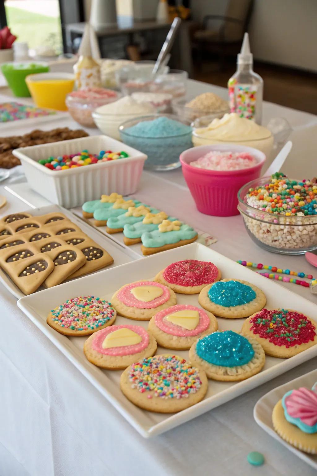 A cookie decorating contest setup with an array of decorations.