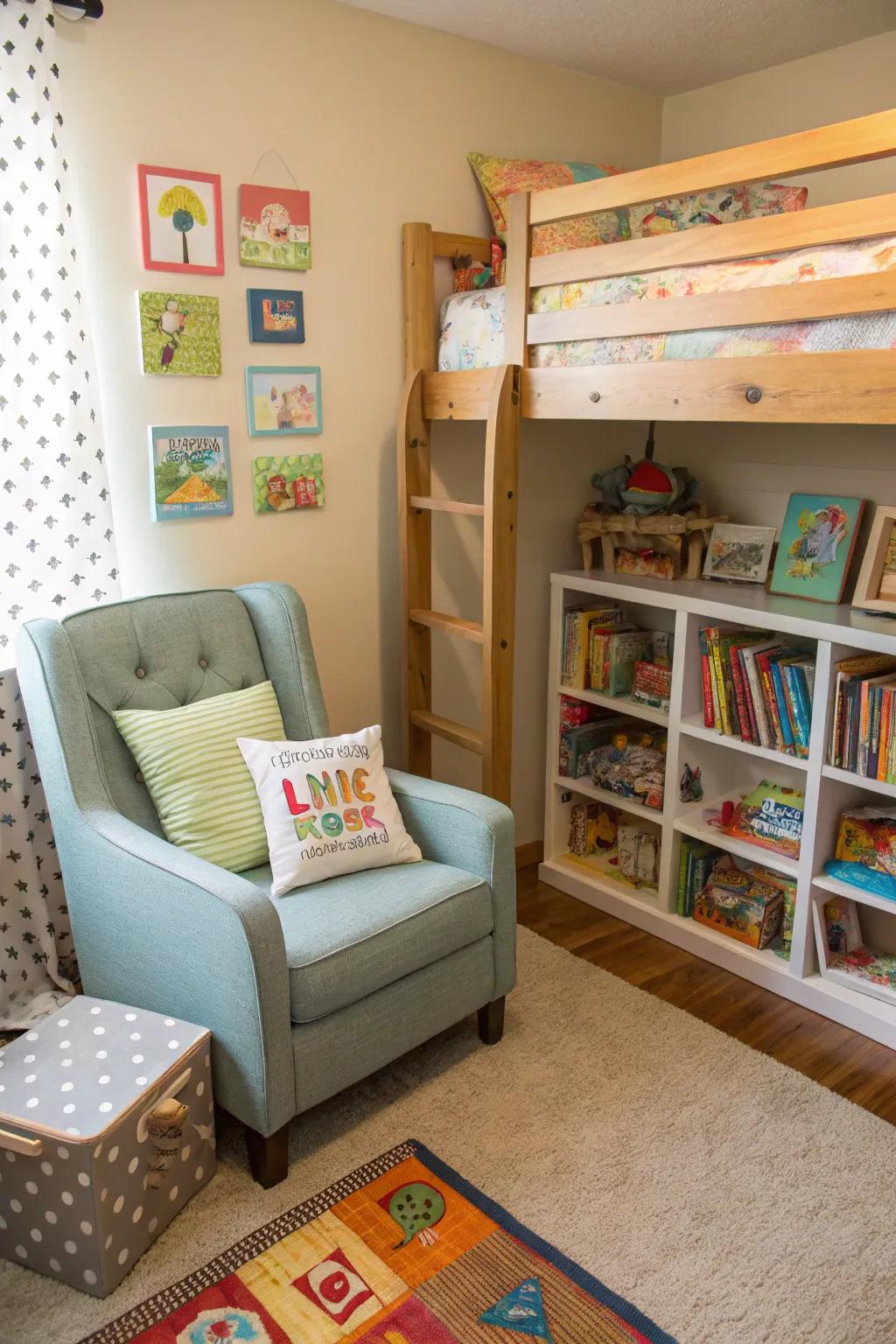 A reading corner offers a quiet retreat within the shared room.