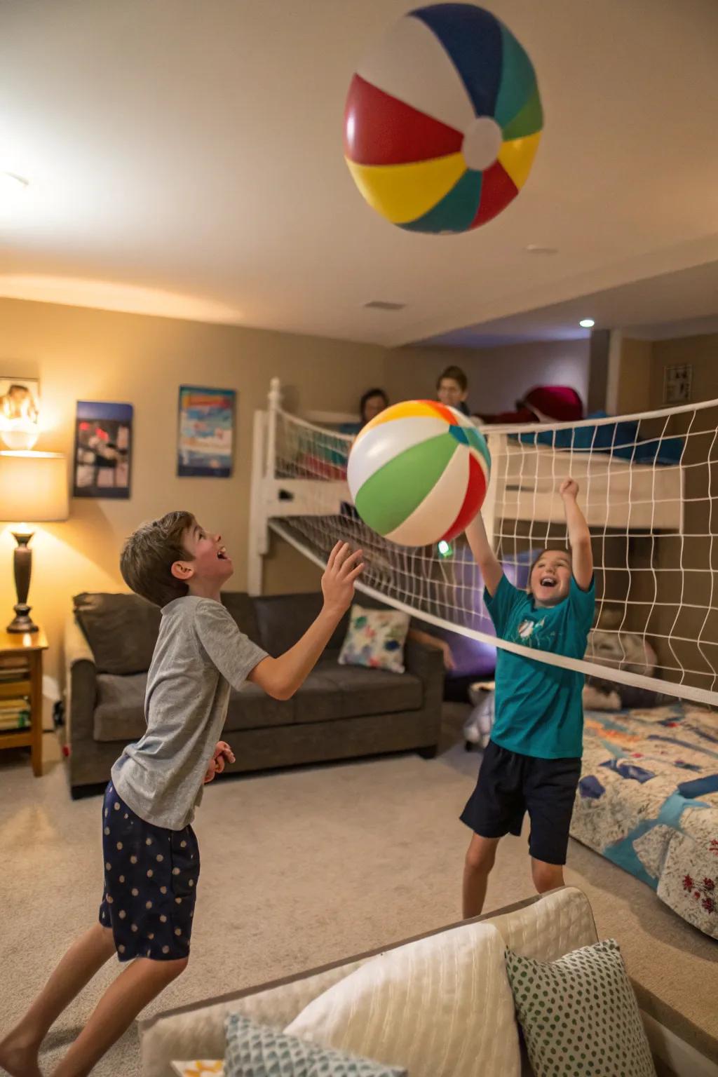 Balloon volleyball is a fun and active sleepover game.