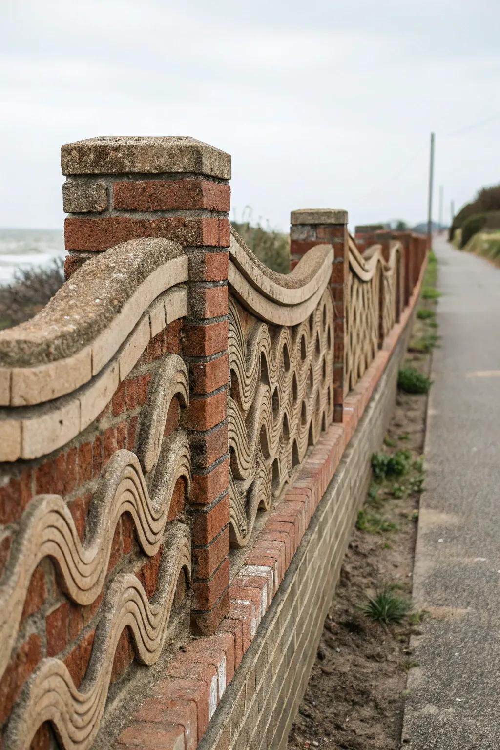 Wave patterns introduce a whimsical flow to brick fences.