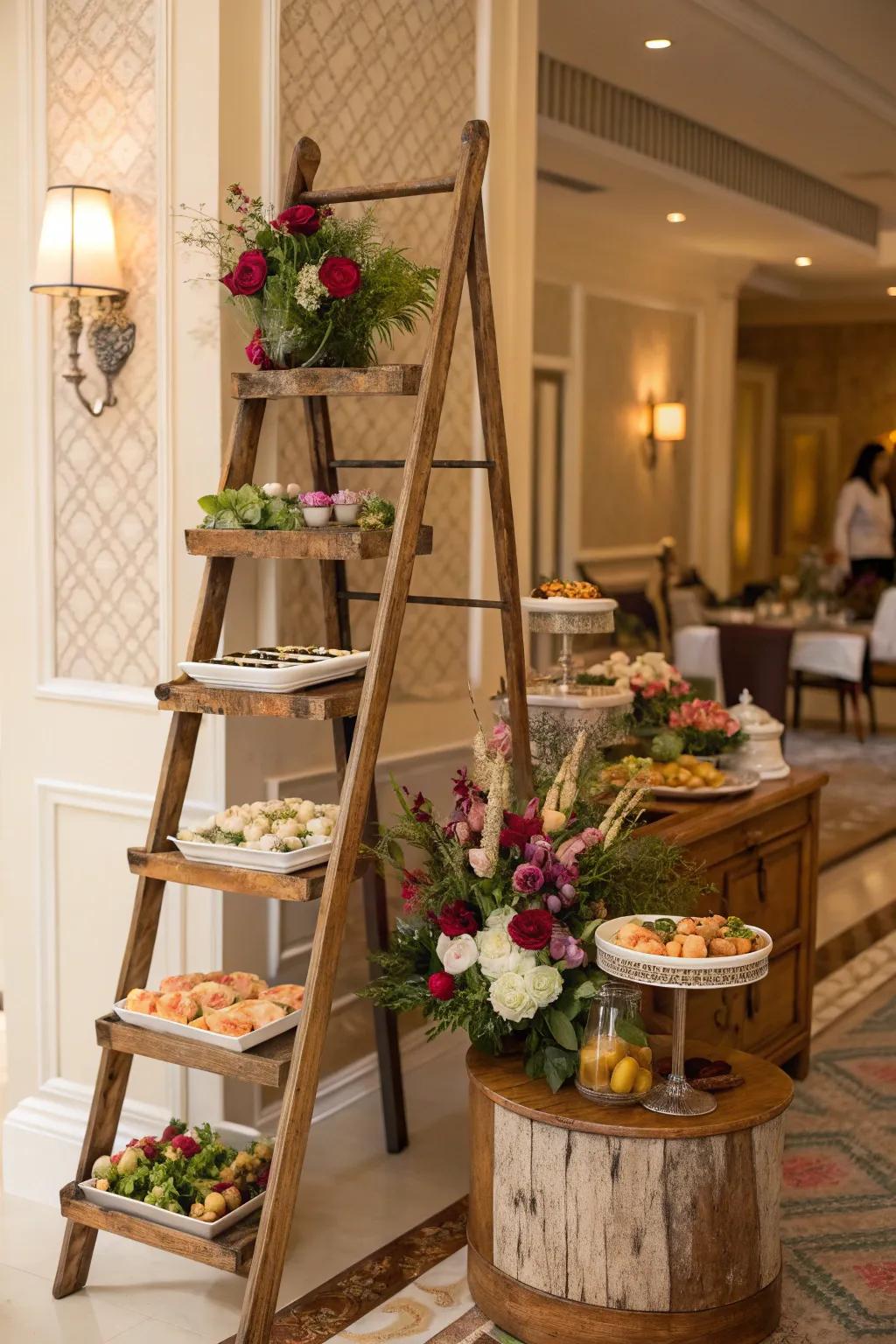 A ladder bar offers a creative and eye-catching buffet display.