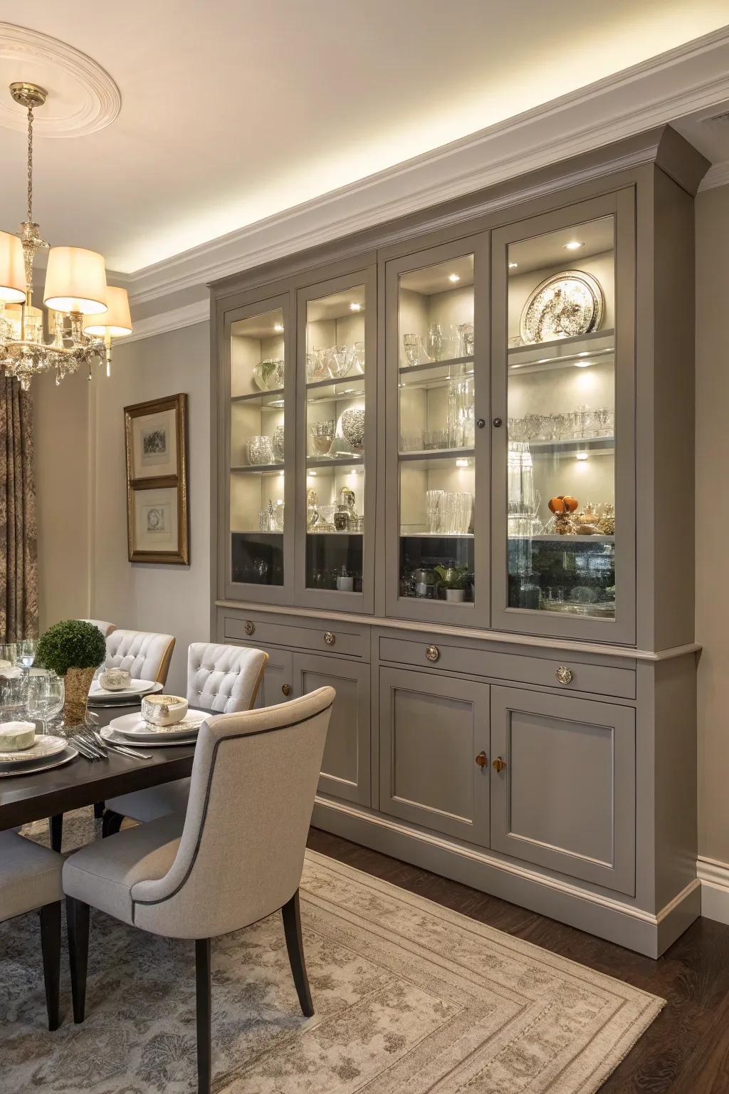 Dual-purpose cabinetry for storage and display in a dining room.