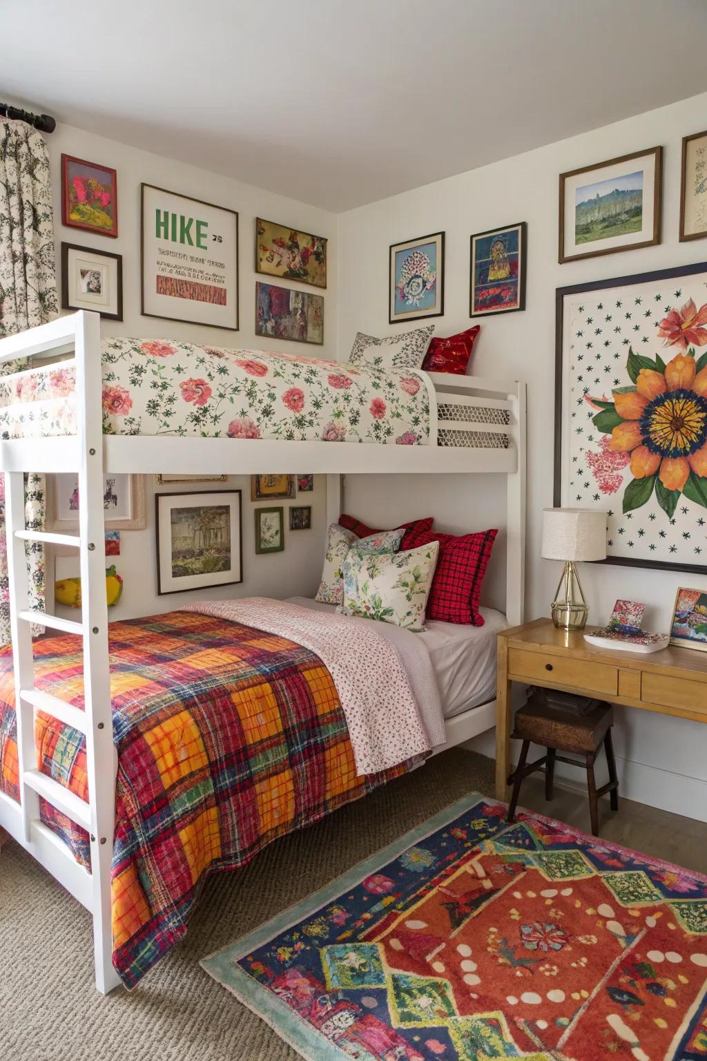 Eclectic bunk room with a stylish mix of patterns.