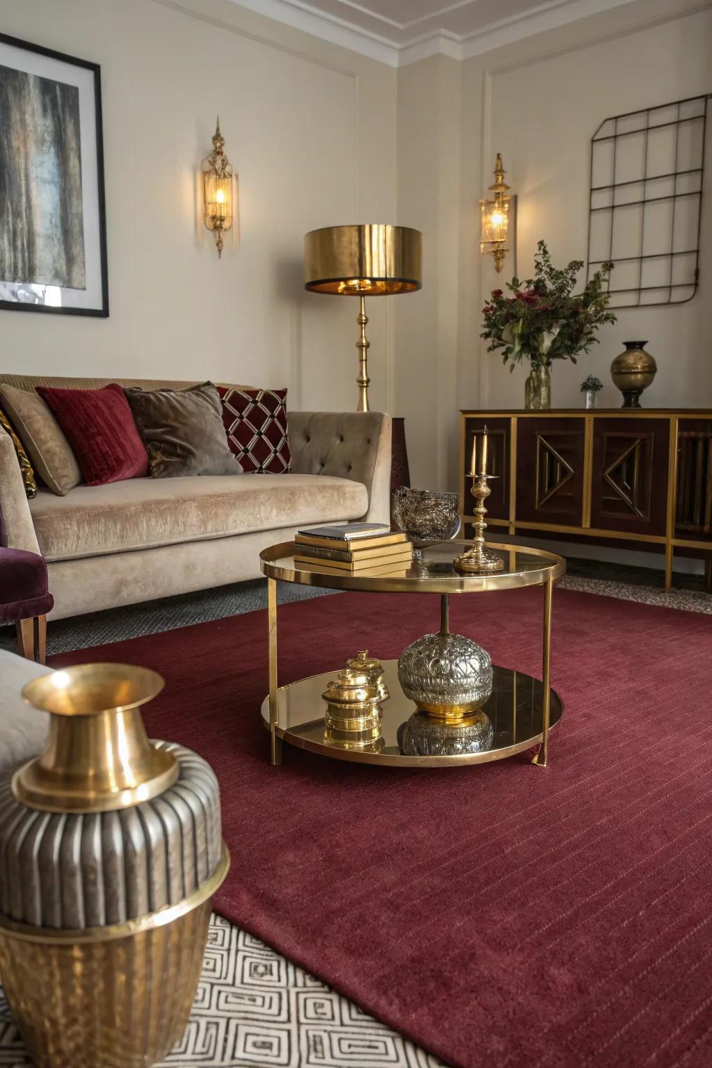 Metallic accents add a touch of glamour to a burgundy carpet.