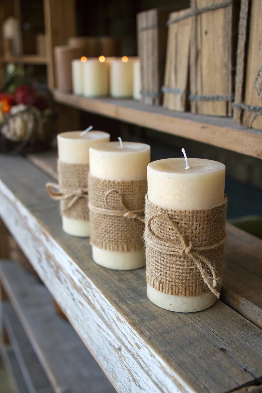 Rustic warmth with burlap-wrapped candles.