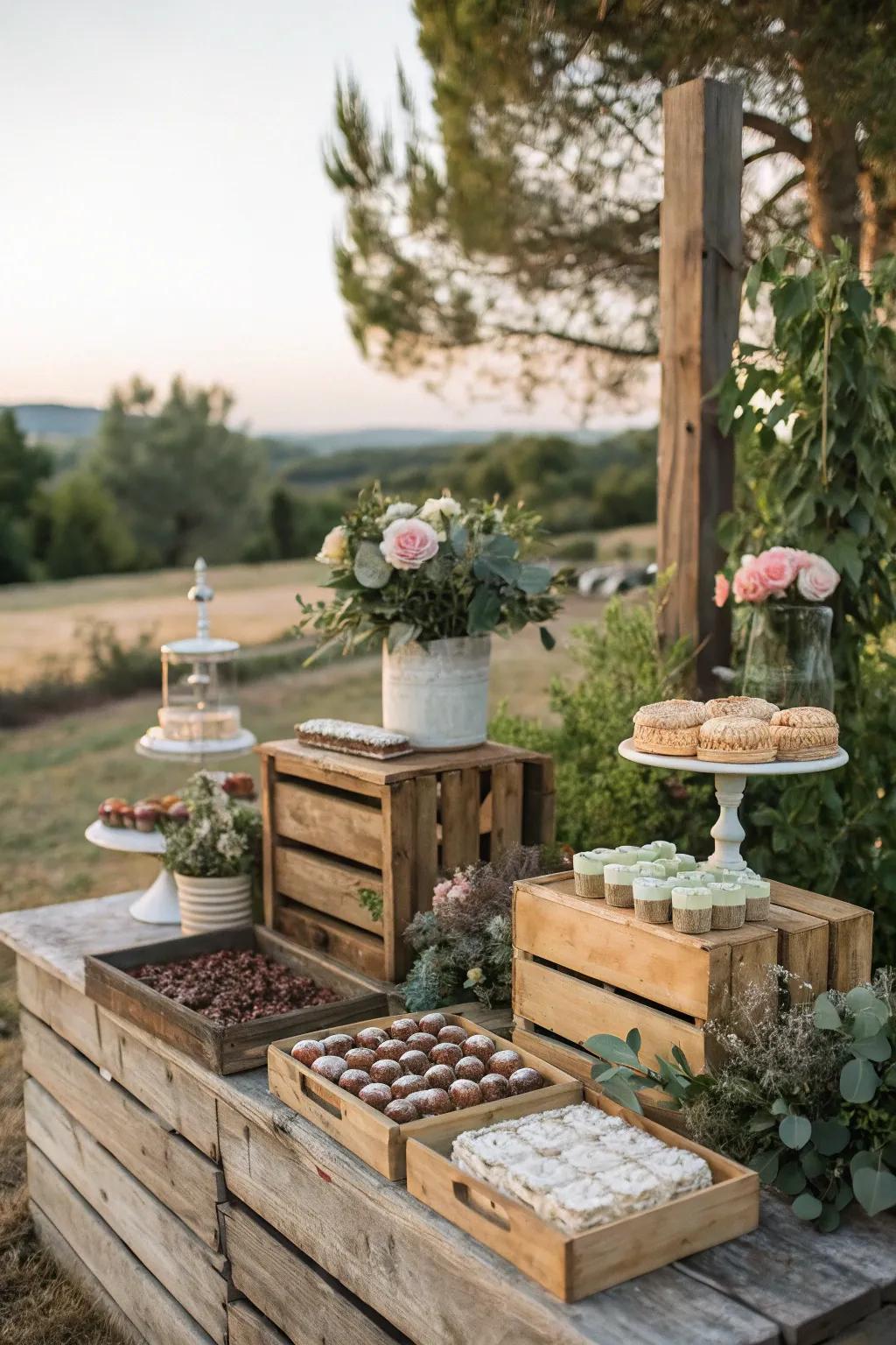 Charming rustic candy bar set in a beautiful outdoor environment.