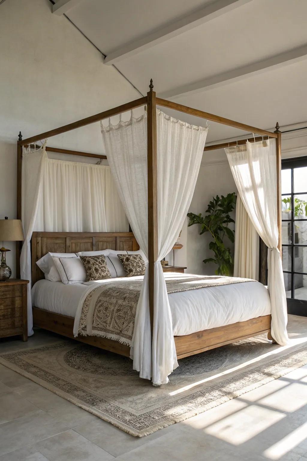 A canopy bed doubles as a stylish room divider in a studio.