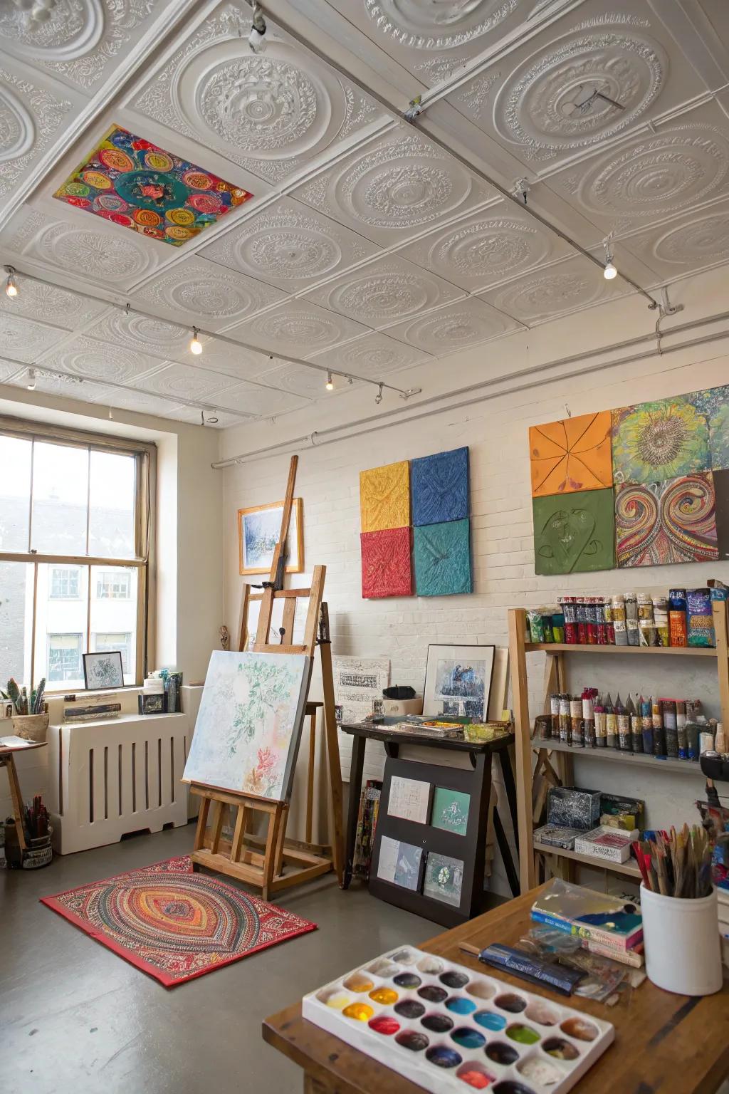 An artist's studio with paintable ceiling tiles for customization.