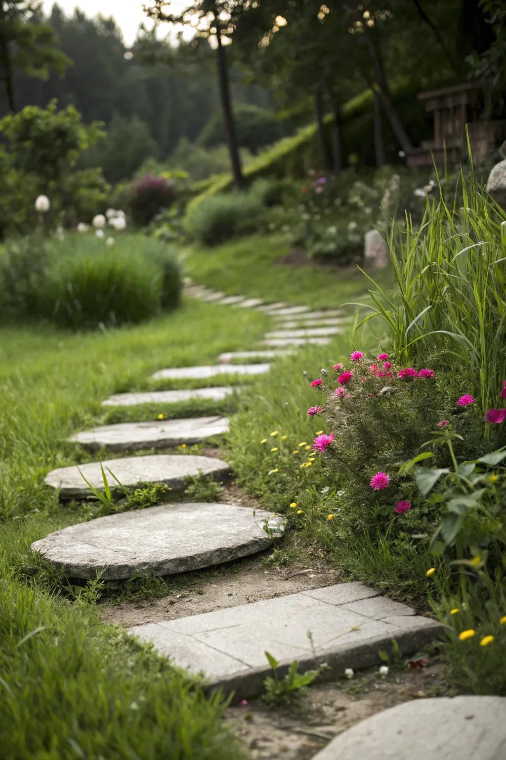 Cement stepping stones create a serene path through the garden.