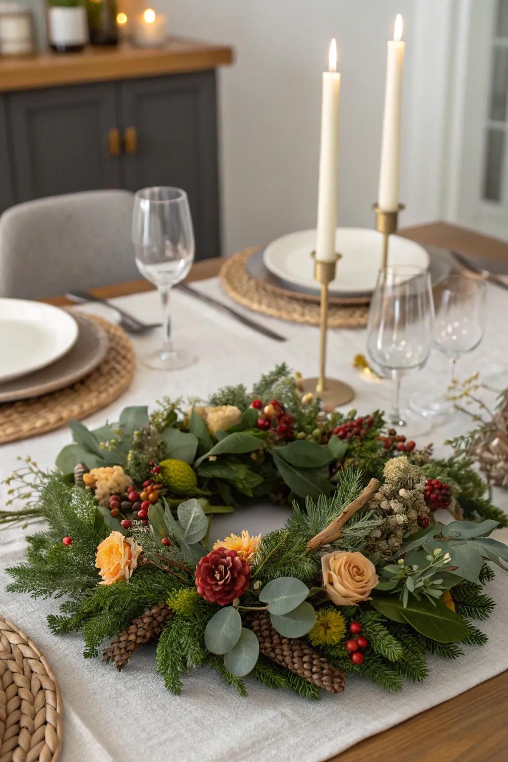 Seasonal wreaths offer a unique table centerpiece.