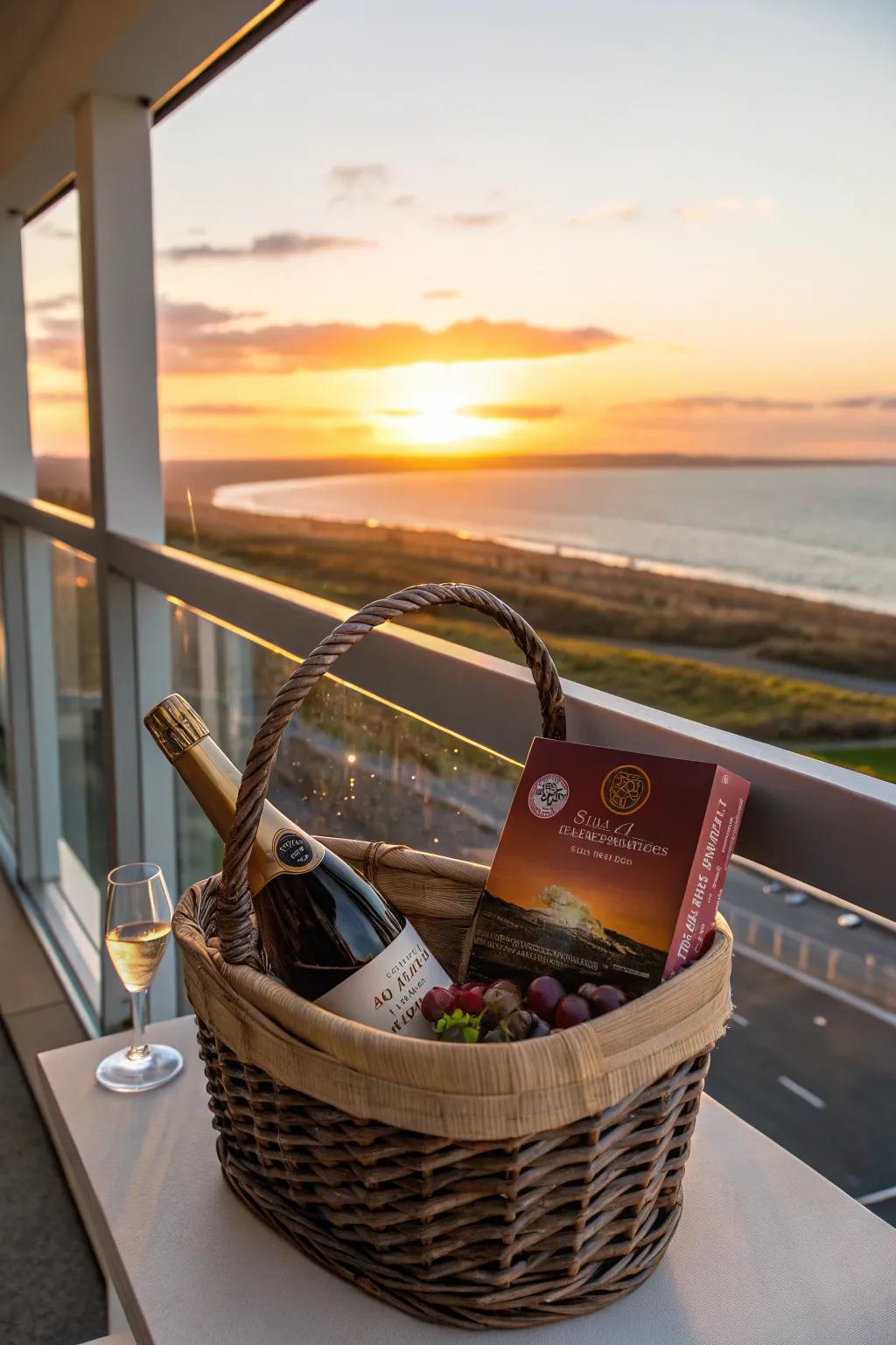 Sunset sips with dark chocolate and a sunset-themed postcard.