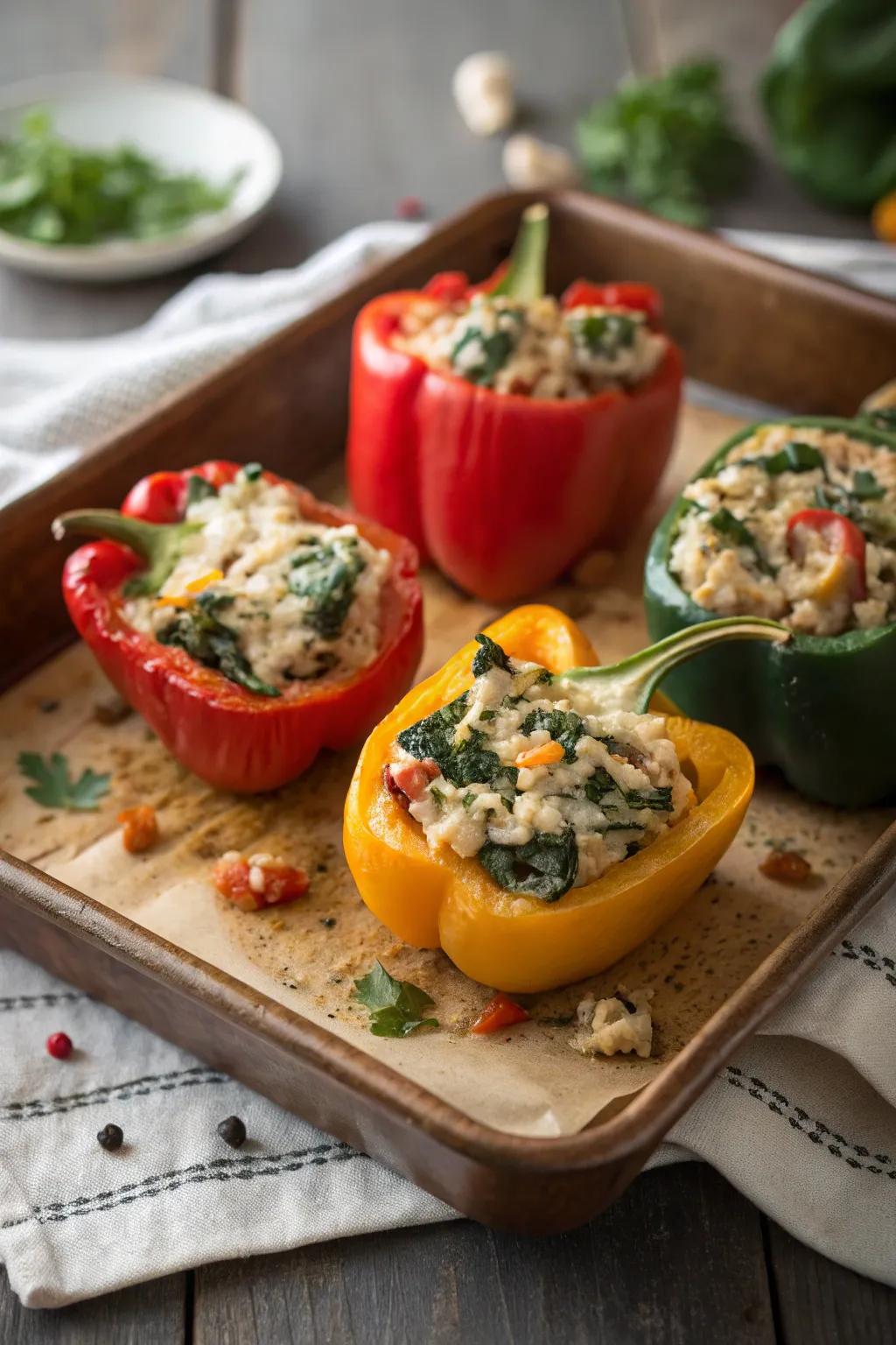 Chicken and spinach stuffed peppers, a colorful and satisfying meal.