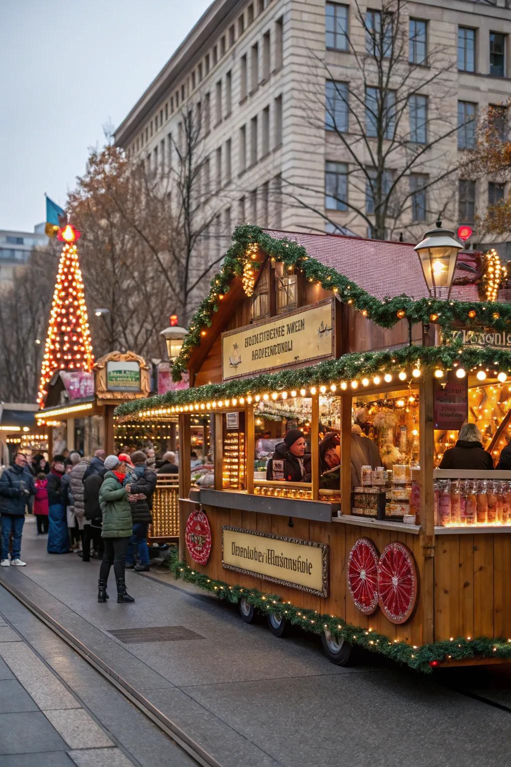 German Christmas Market float with traditional stalls and crafts.