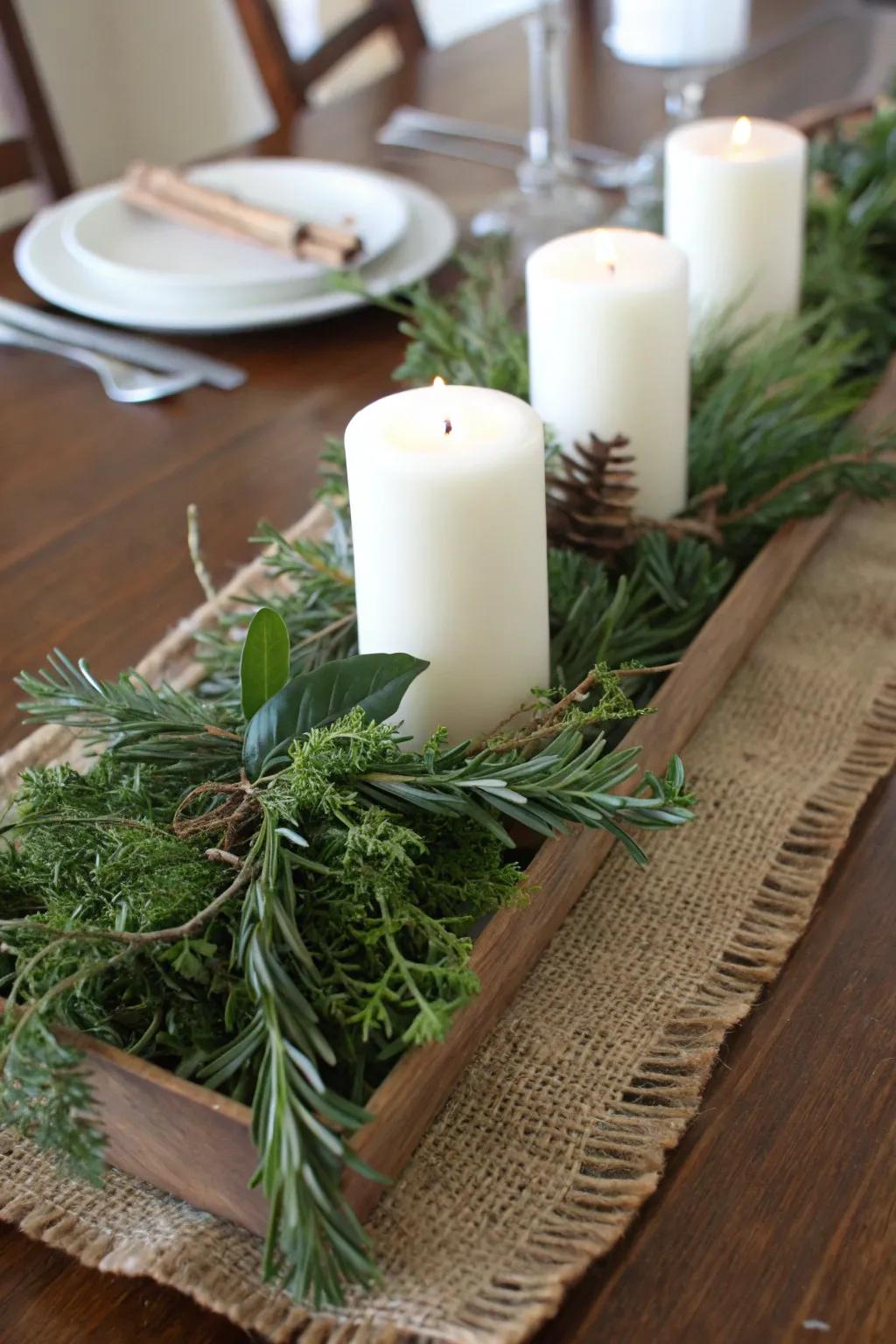 Herbaceous greenery adds simplicity and aroma to your Christmas table.