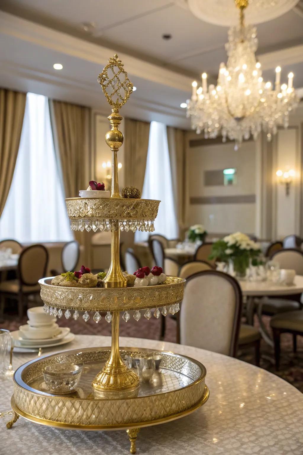 Glamorous gold accents bring luxury to this tiered tray.