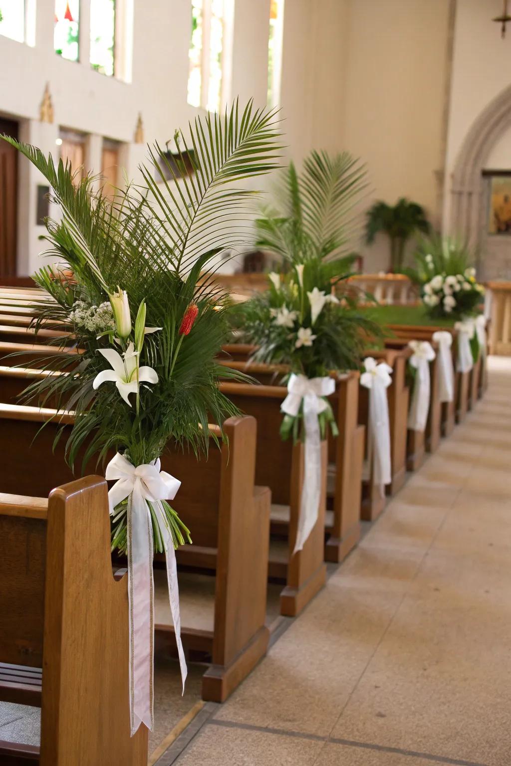 Simple and elegant pew decorations with palm fronds.