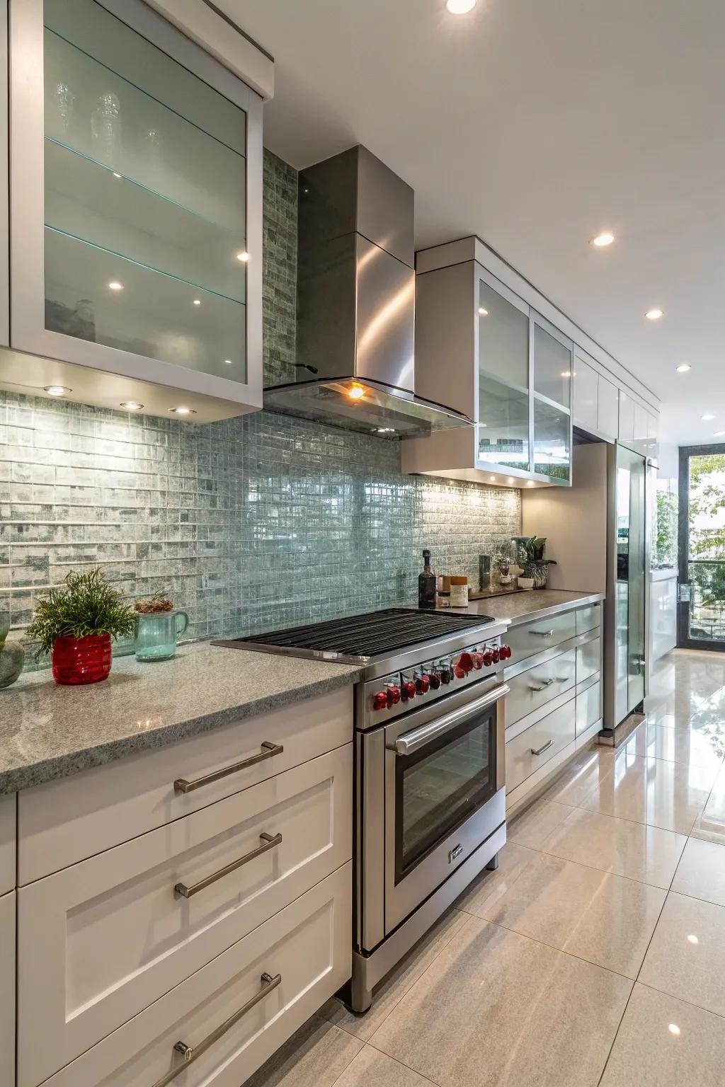 Glass tiles create a sleek and bright kitchen atmosphere.