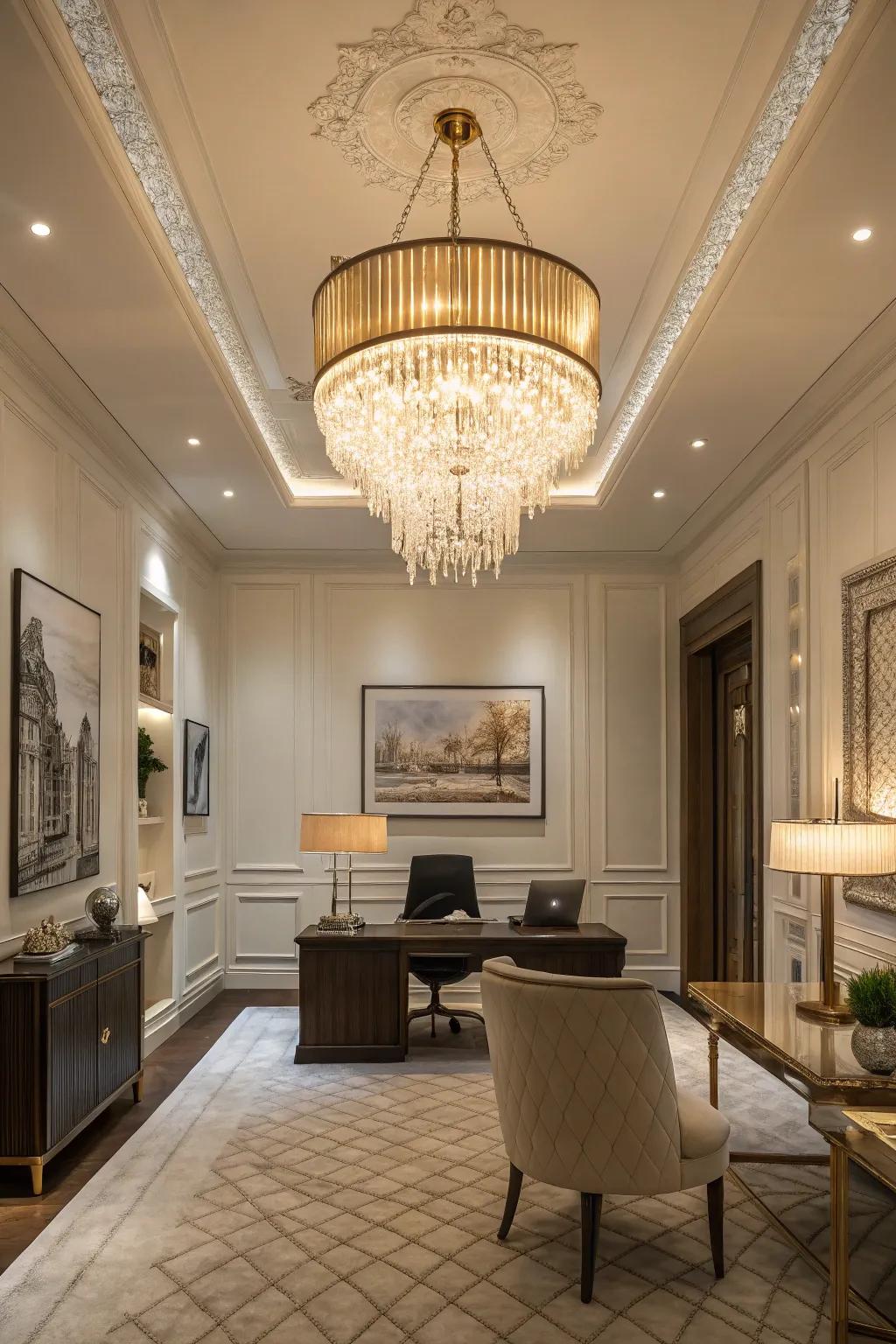 A statement lighting fixture adds drama and style to an executive office.