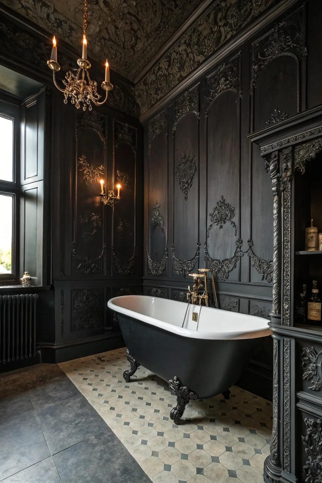 A gothic bathroom where dark elegance and mystery blend seamlessly.