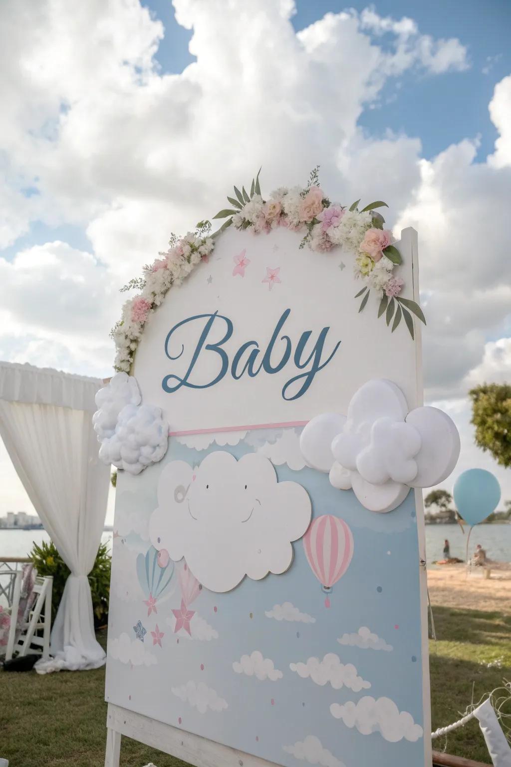 Personalized cloud signs add a meaningful touch to the baby shower decor.