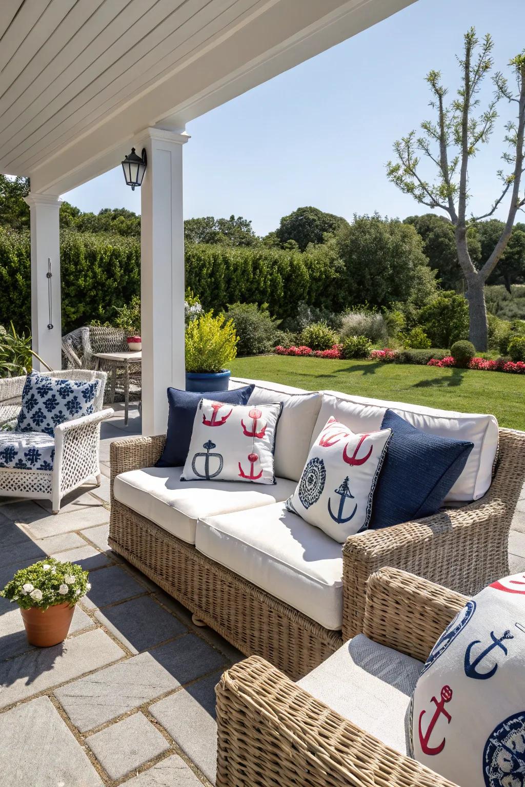 An inviting outdoor space complements the coastal farmhouse style.