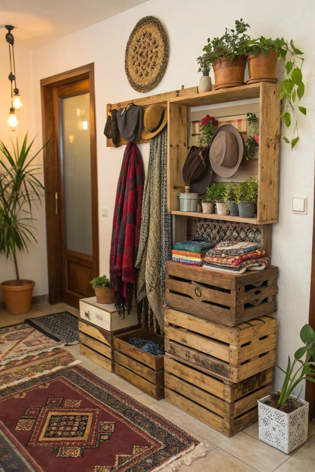 Vintage crates repurposed into a unique shelf and coat rack combo.