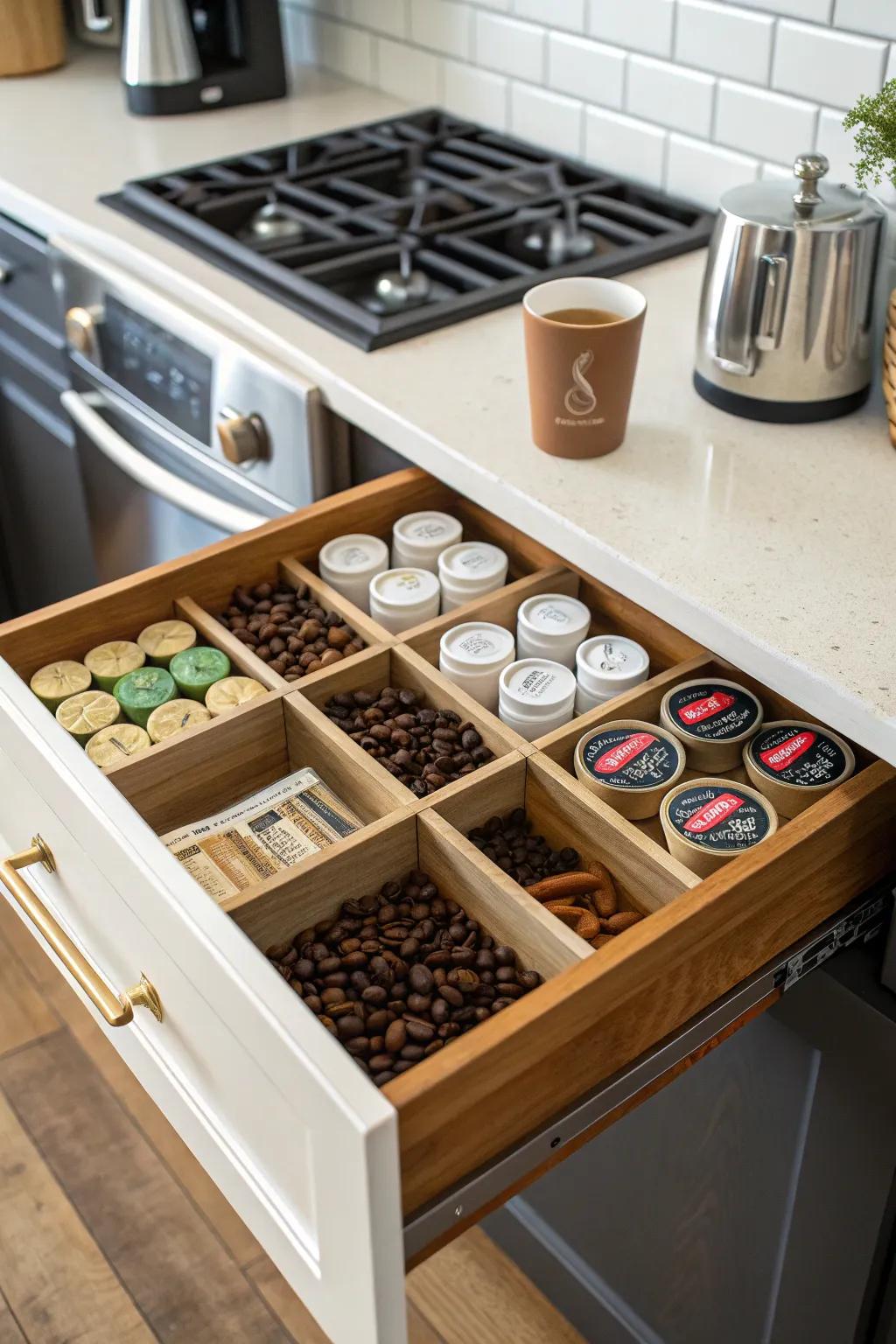 DIY dividers allow for a customizable coffee drawer layout.