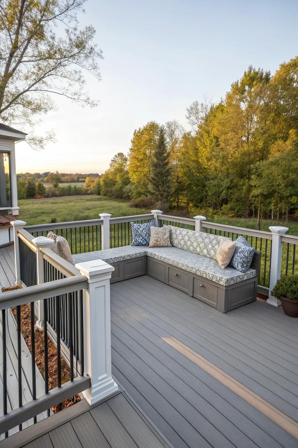 Built-in seating in railings offers practical and stylish deck solutions.