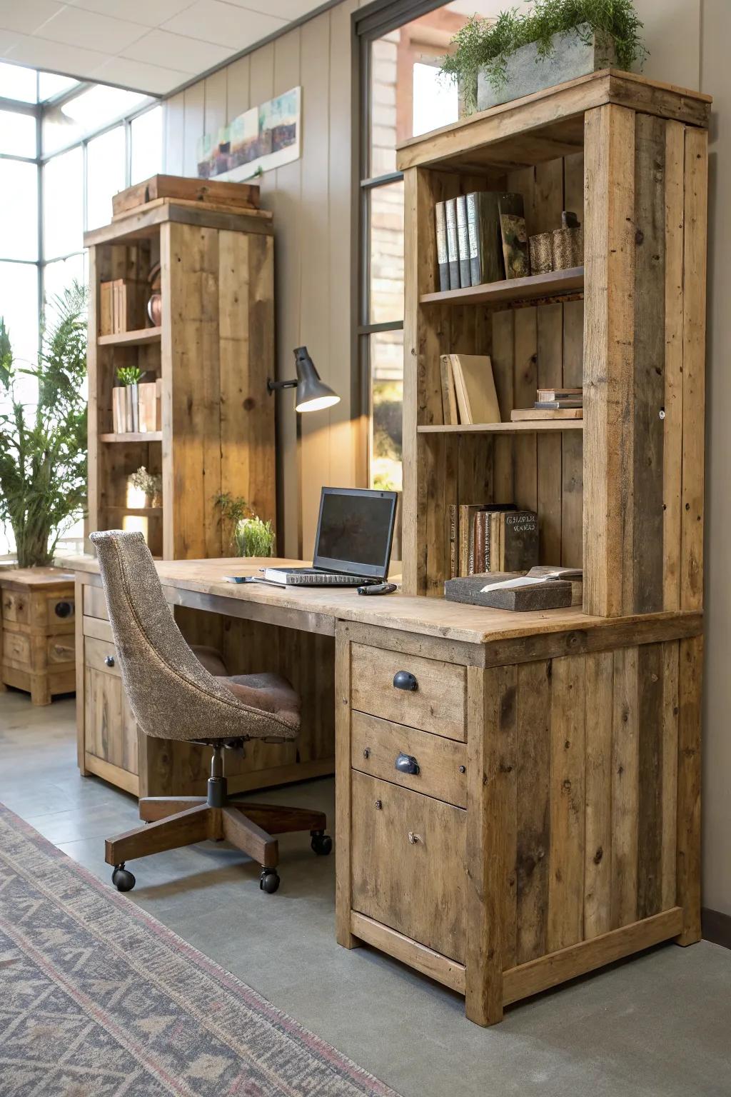 Furniture made from reclaimed materials adding character to an office.