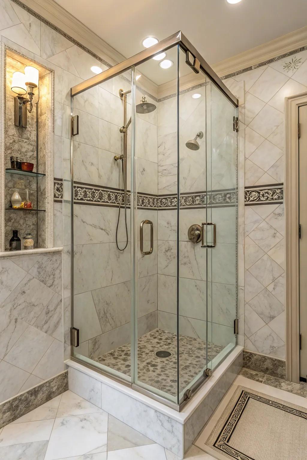 Marble-look tiles provide opulence and ease of maintenance.