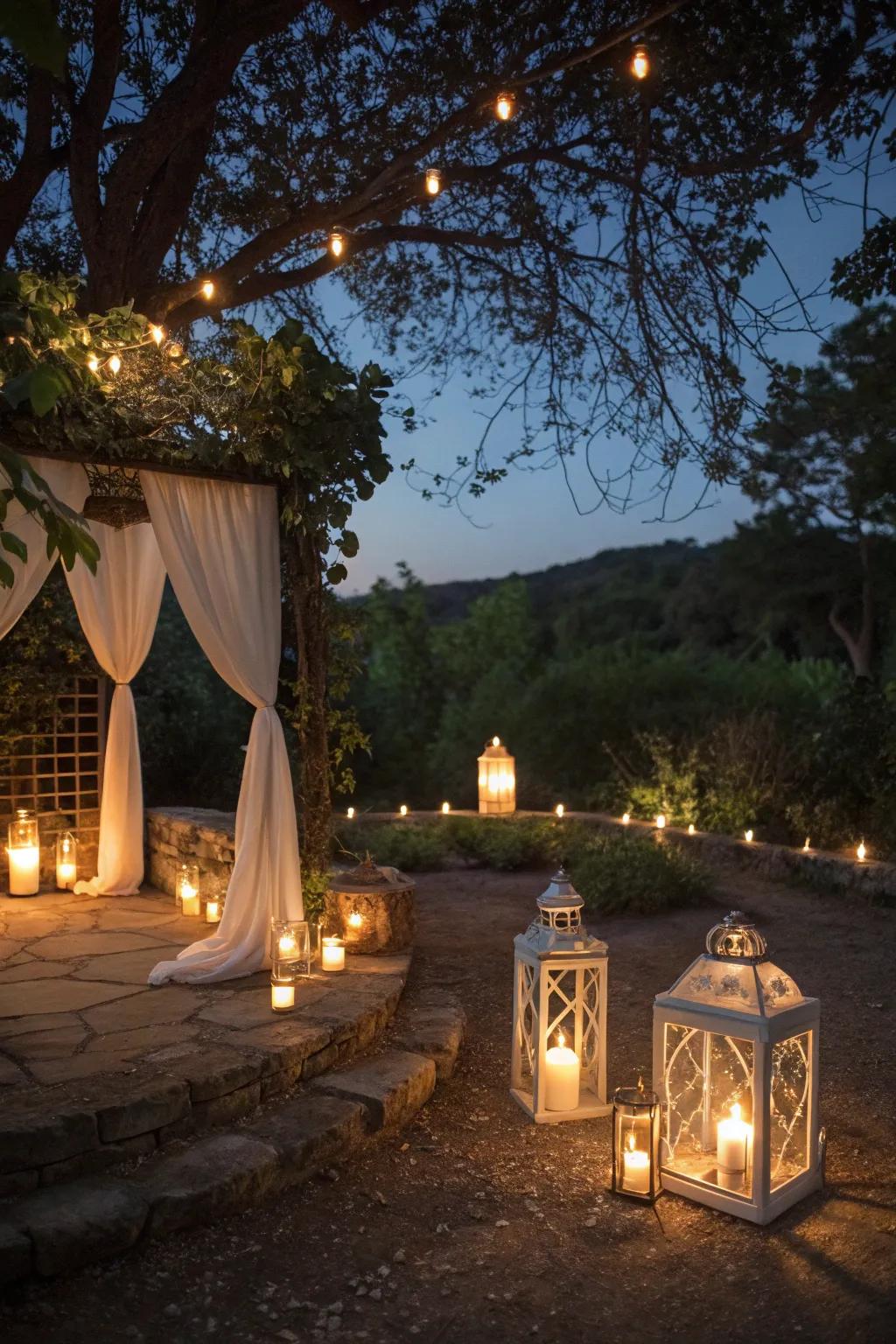 Candle lanterns creating a soft, romantic ambiance.