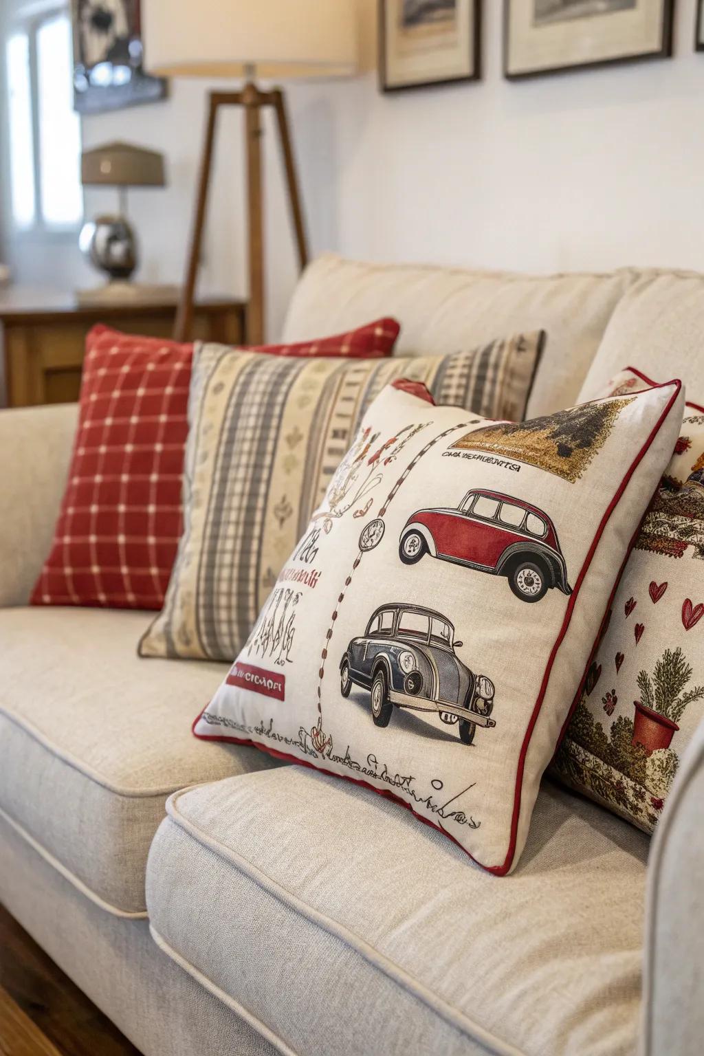 Vintage pillows add nostalgic charm to the decor.