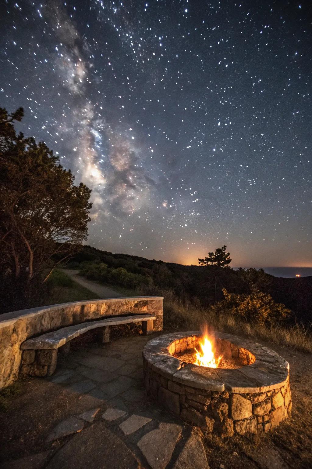 Stone benches provide both seating and a rustic aesthetic to your fire pit area.