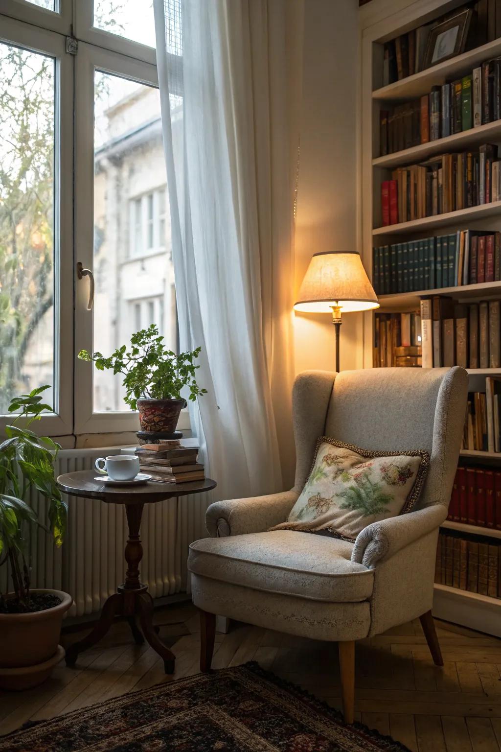 A reading nook offers a perfect retreat for relaxation.