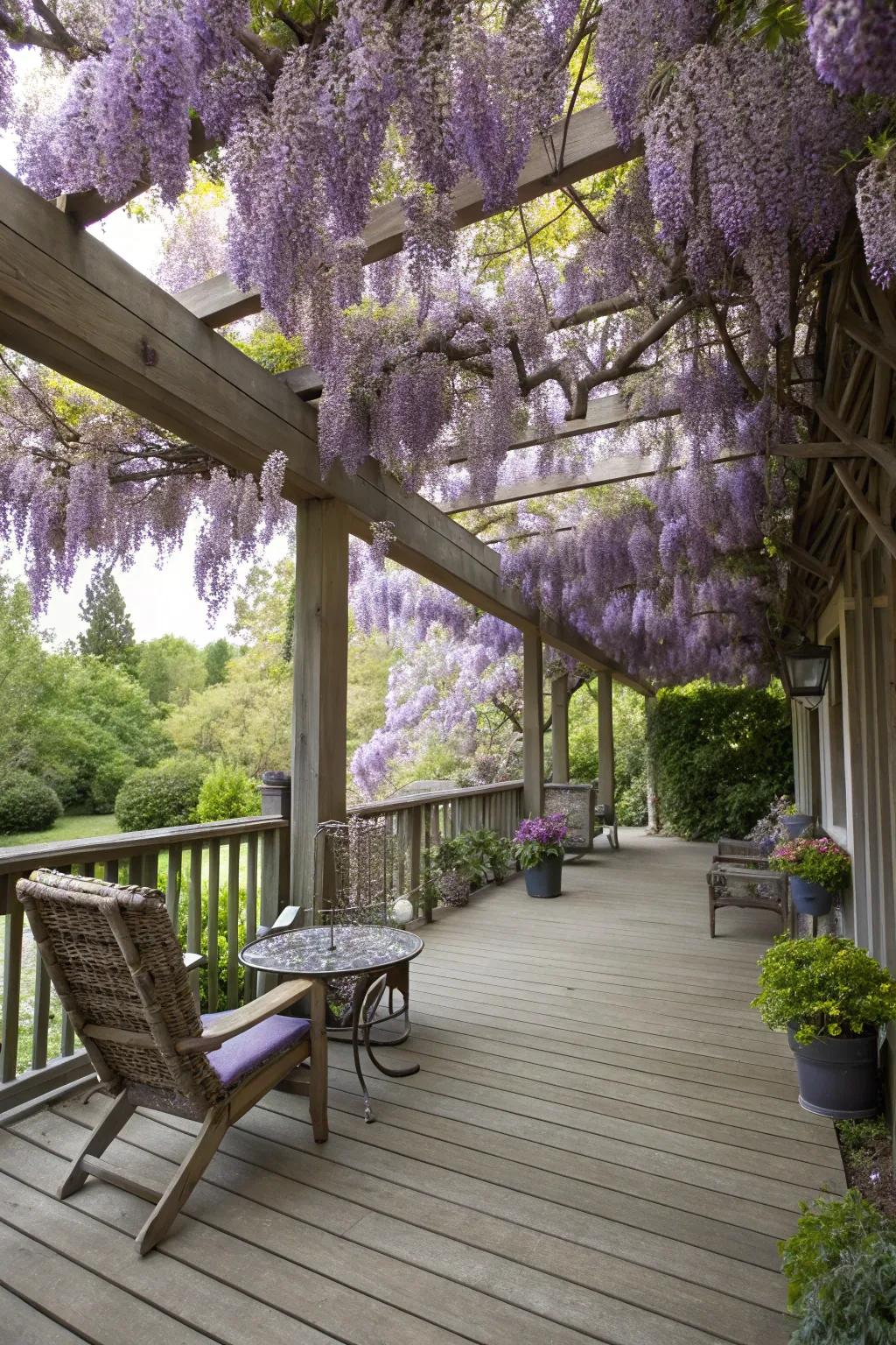 Wisteria brings fragrance and beauty, creating a natural sanctuary on your deck.