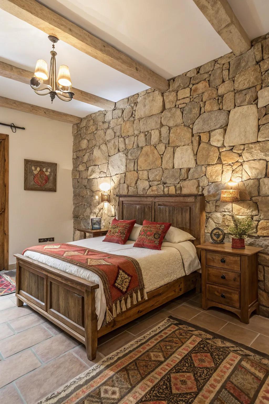 A bedroom with a striking natural stone accent wall.