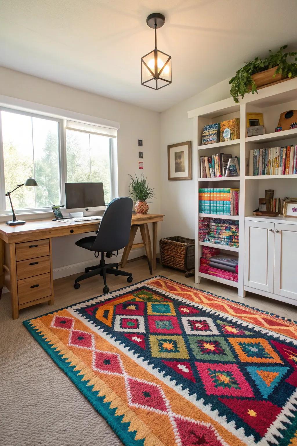 A colorful rug adds vibrancy and character to your office.