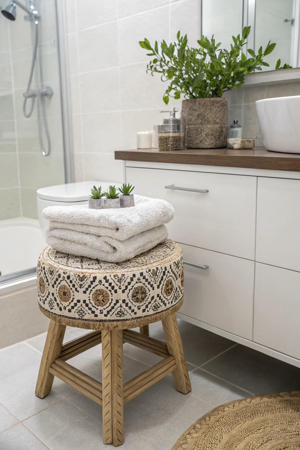 Decorative stools add both function and style to bathroom spaces.