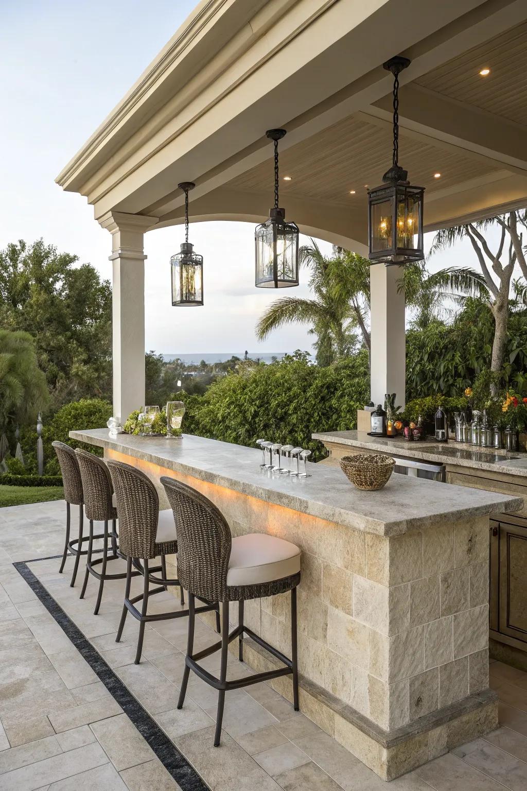 A stone finish adds elegance to this outdoor bar.