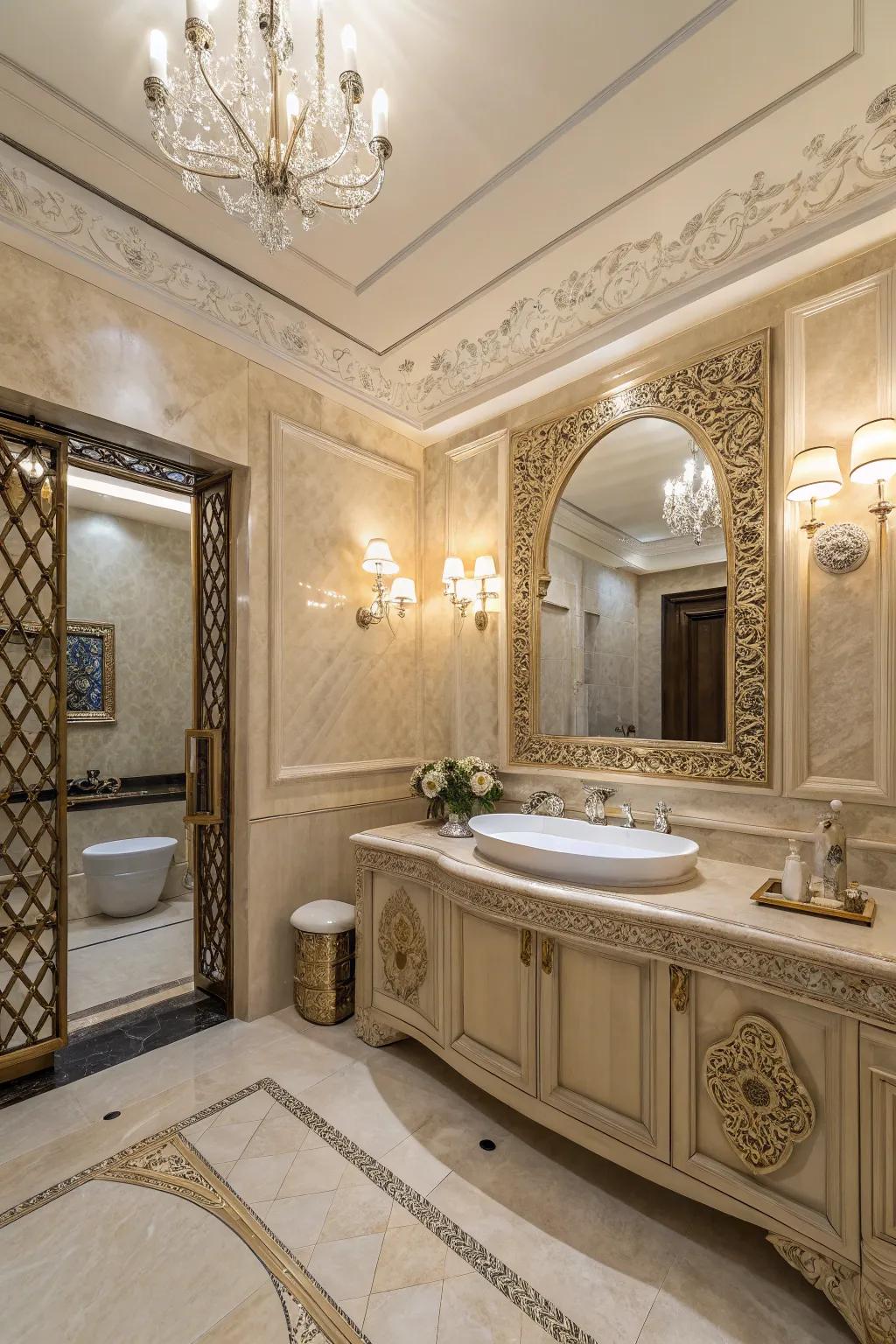 Ornate details add character to a crema marfil bathroom.