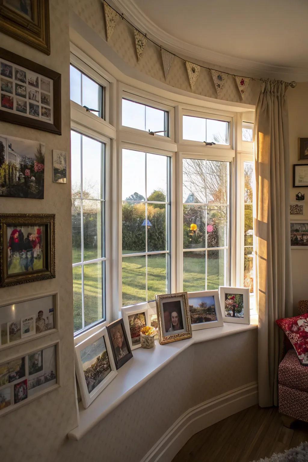 Personal touches with photos and artwork in a curved bay window.