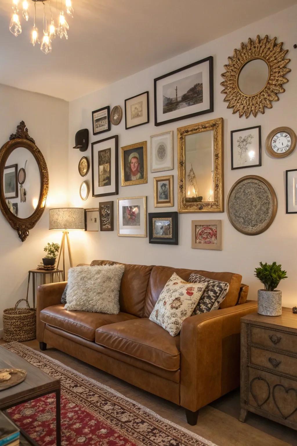 Eclectic wall decor adds character and depth.