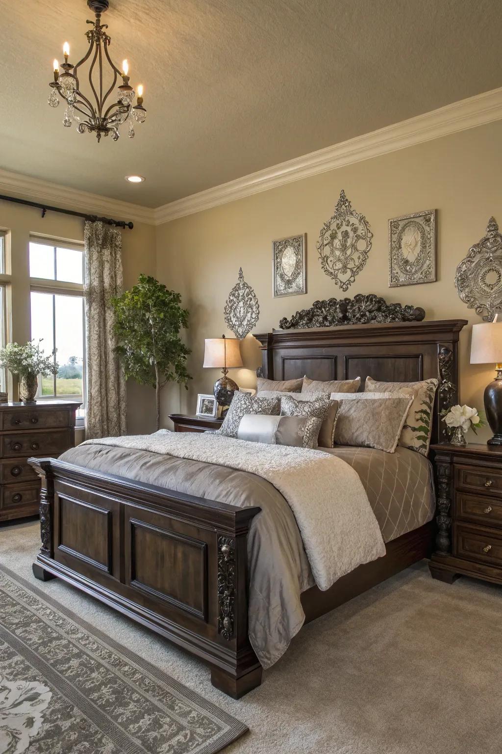 Silver accents enhance the sophistication of dark wood.