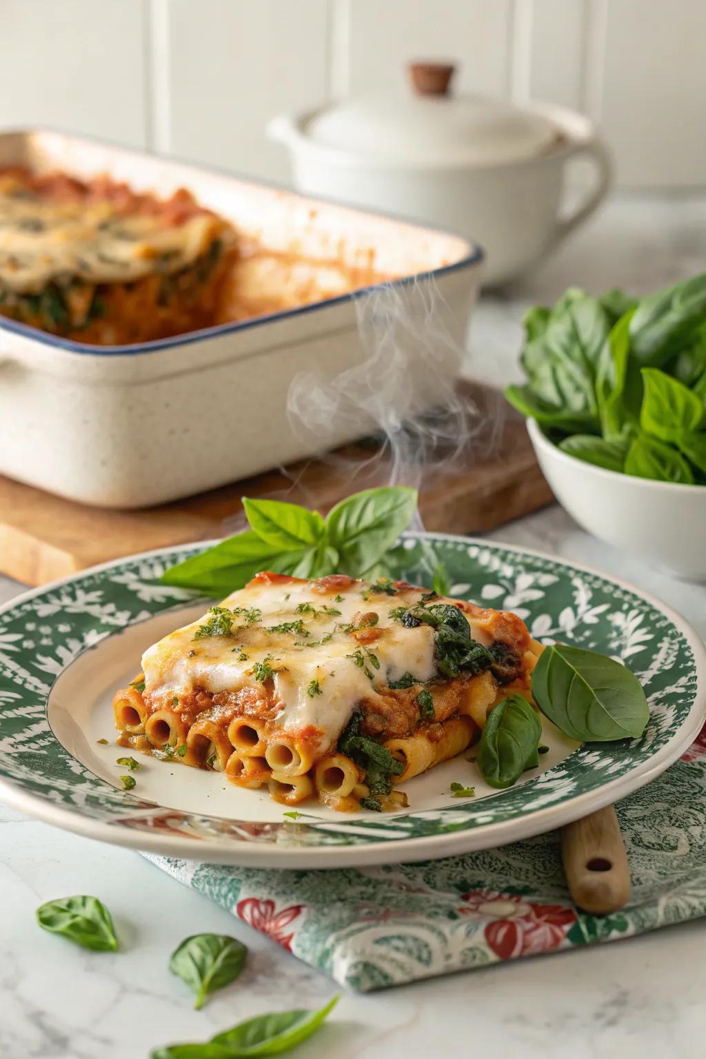 Baked ziti with spinach, a comforting and easy December meal.