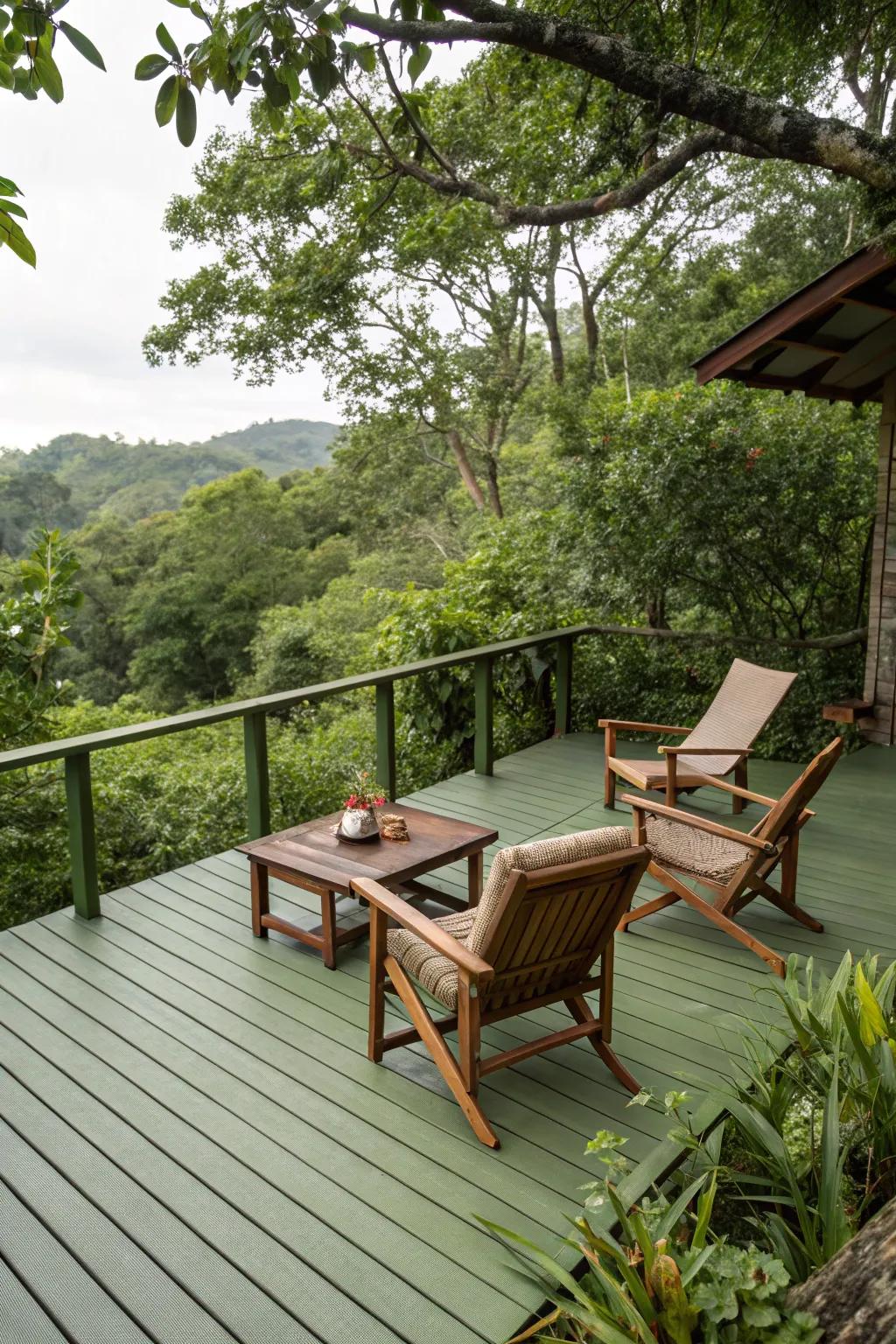 Olive green decks harmonize beautifully with natural settings.