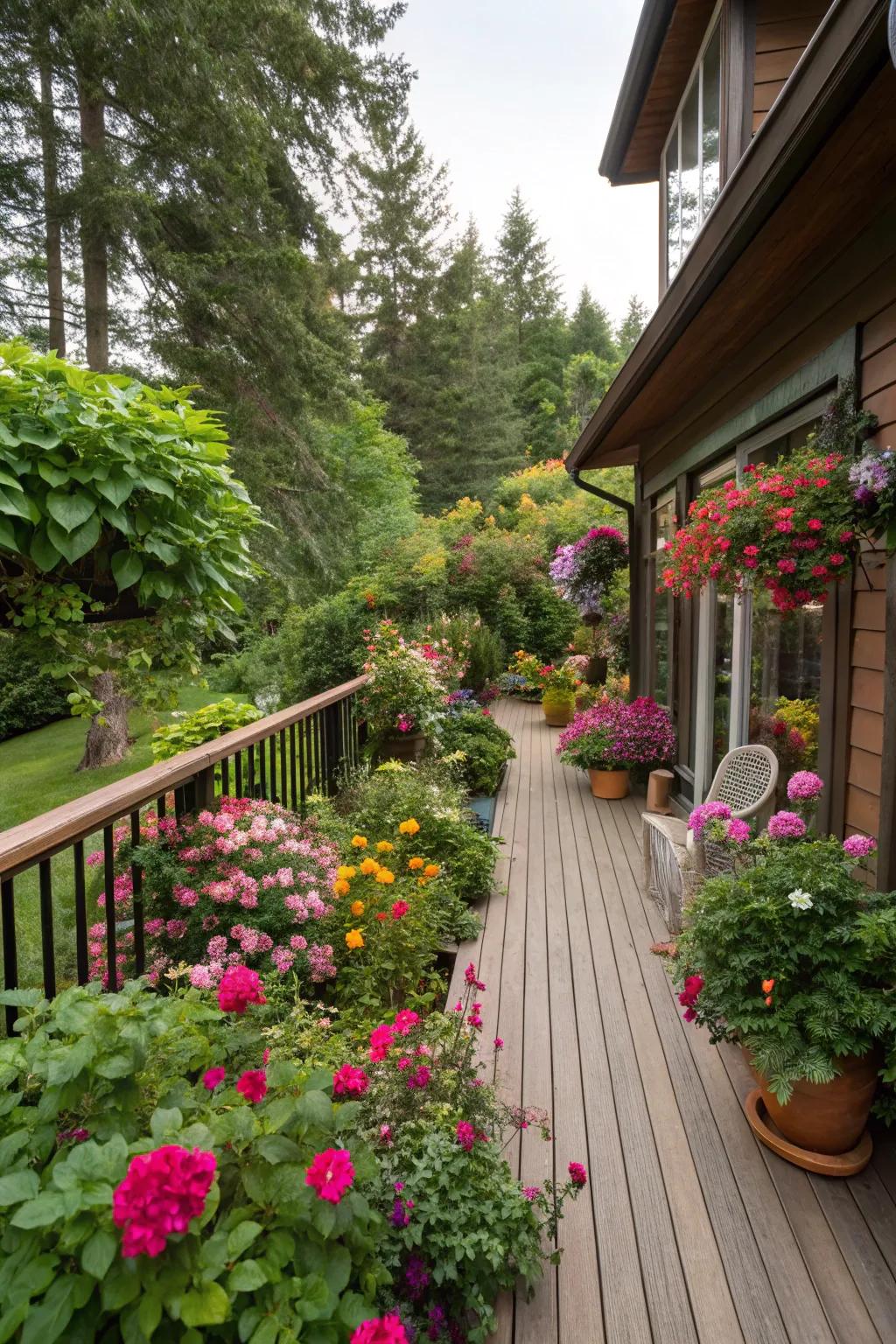 Deck-side gardens add life and color to outdoor spaces.