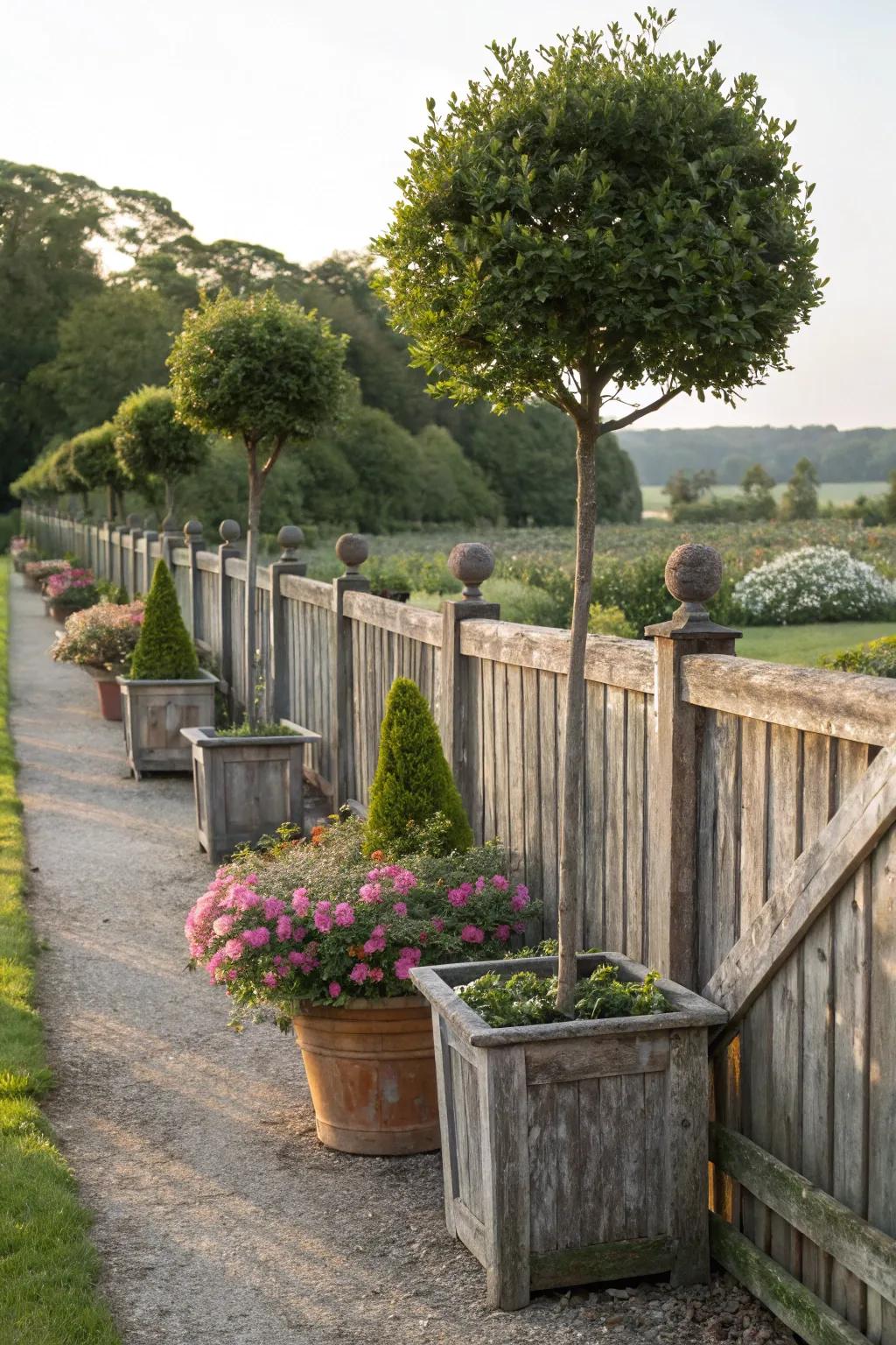 Potted trees offer a lush and towering element to your fence decor.