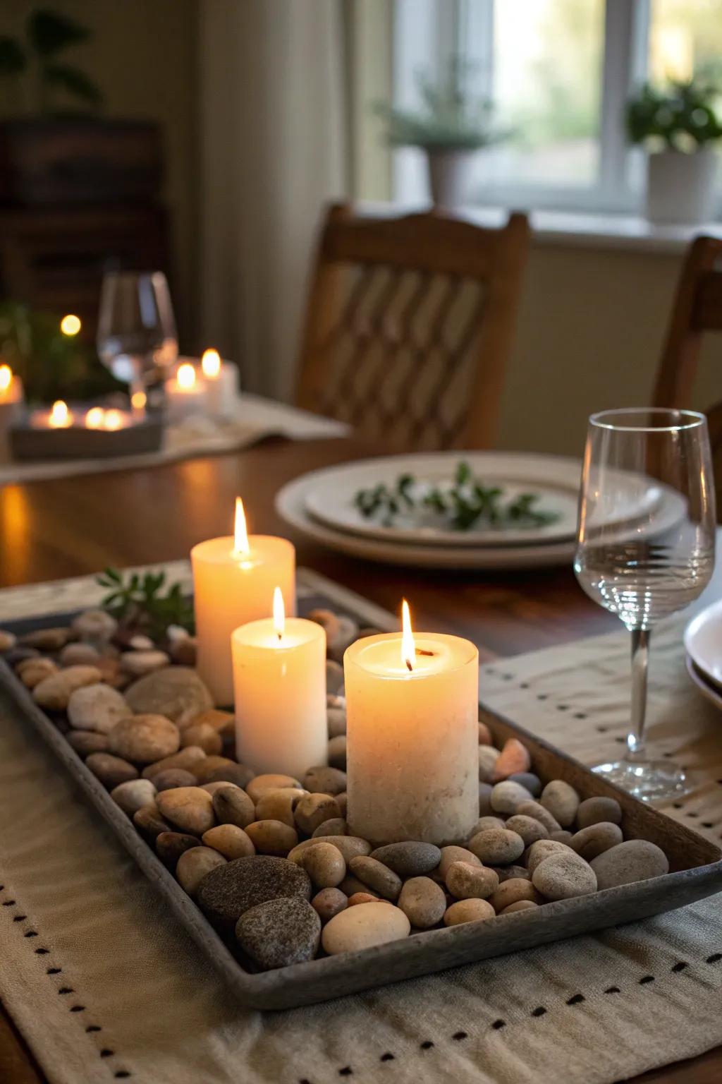 Elevate your candle displays with a natural touch of river rocks.