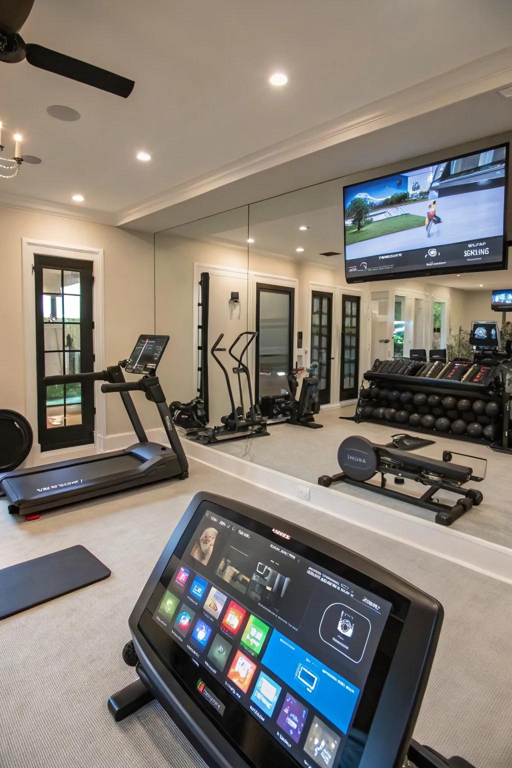 A tech-savvy home gym with smart features for a modern workout experience.