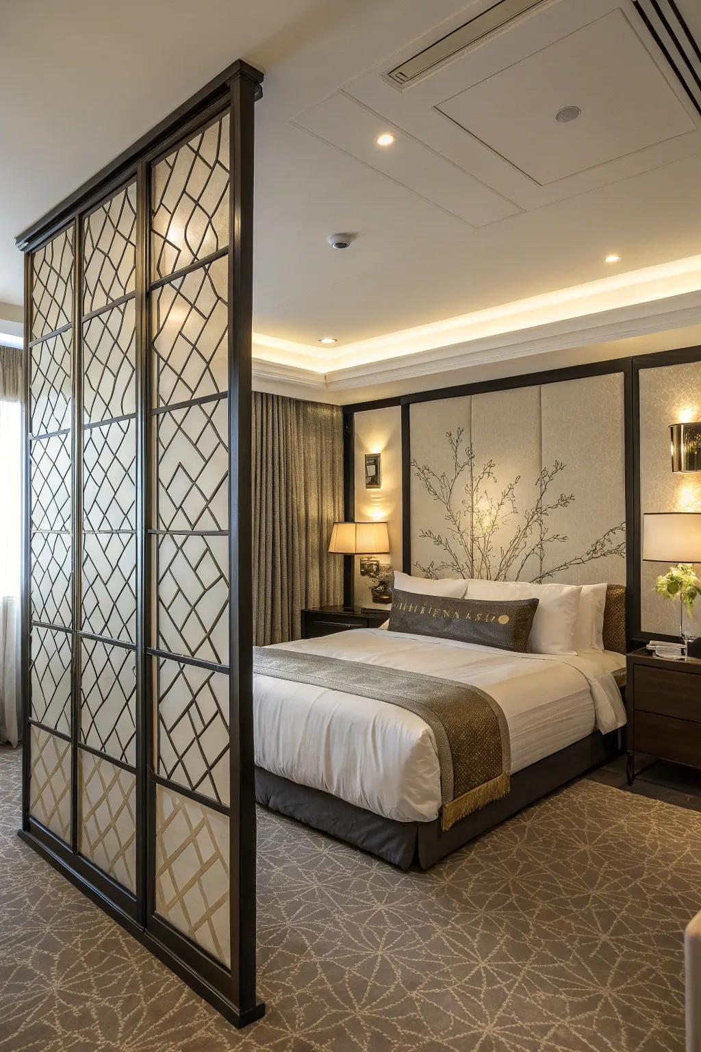 A room divider provides privacy and defines the diagonal bed area.